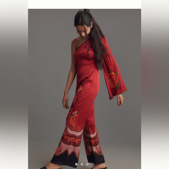 NWT FARM RIO X ANTHROPOLOGIE One Shoulder Printed Satin Jumpsuit - Picture 12 of 13